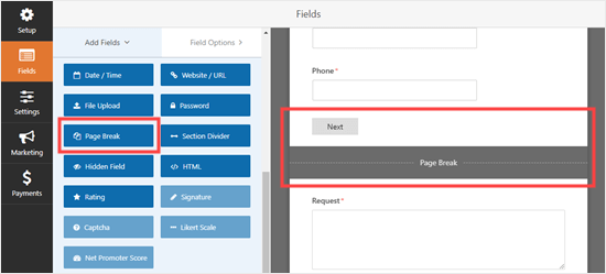 Adding a page break in WPForms