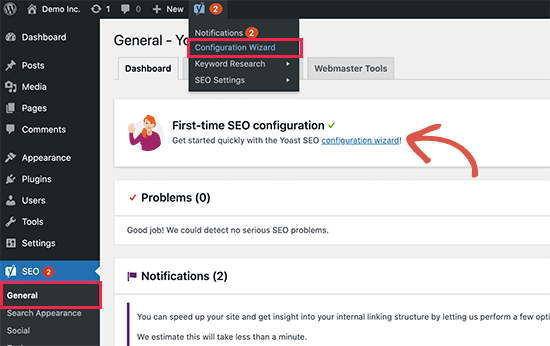 Launching Yoast SEO set up wizard