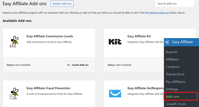 Add-ons hinzufügen in Easy Affiliate