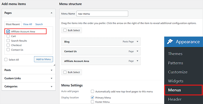 Seite des Affiliate-Konto-Bereichs zum Navigationsmenü hinzufügen