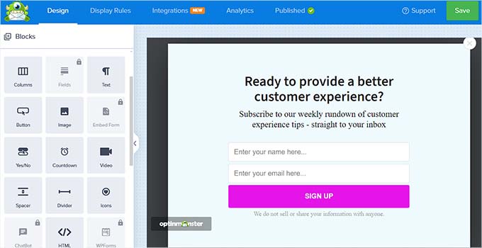 Build a newsletter popup using a drag and drop builder