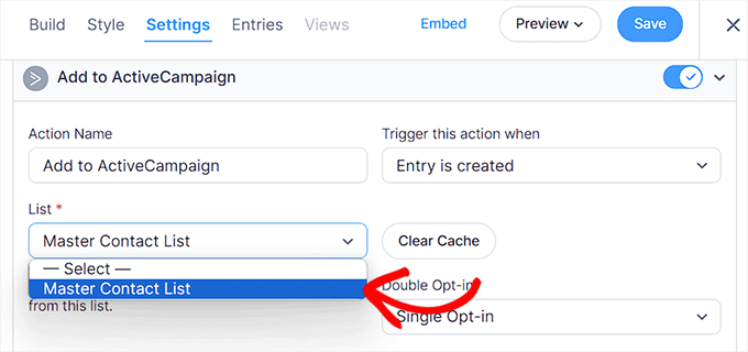 Choose ActiveCampaign list and click Save