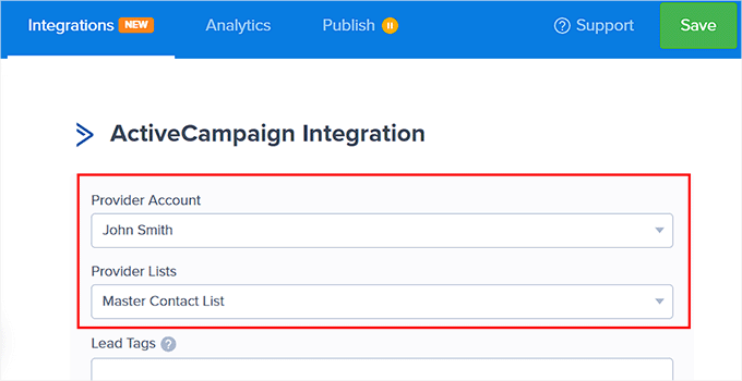 Choose ActiveCampaign list