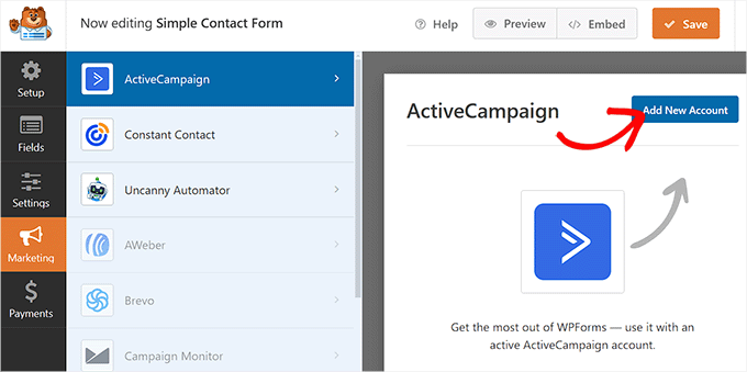 Click the Add New Account button in the ActiveCampaign