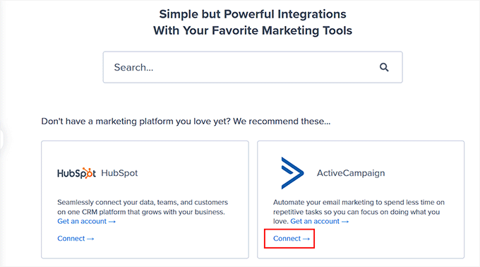 Click the Connect link in the ActiveCampaign section