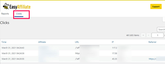 Clicks reports in Easy Affiliate