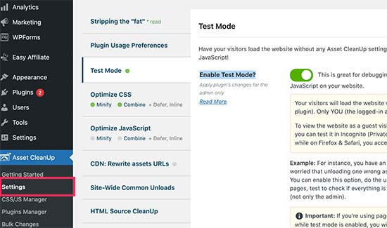 Abilita opzione modalità test mode