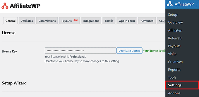 Geben Sie den AffiliateWP-Lizenzschlüssel ein