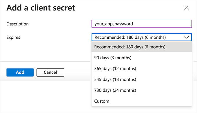 Enter a description and set password expiry time