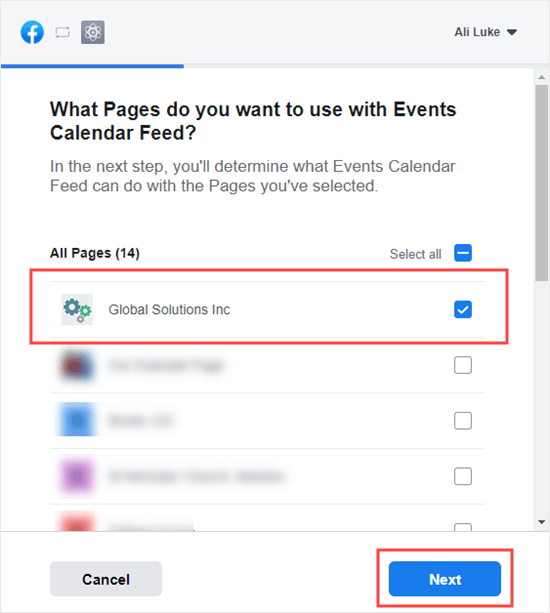 Select the page that you want to use for your events feed