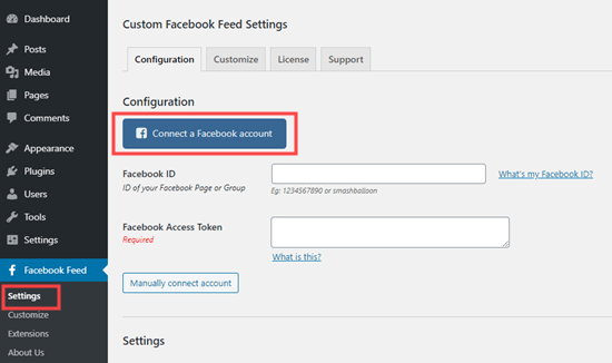 Connect your Facebook account to the Facebook Feed Pro plugin