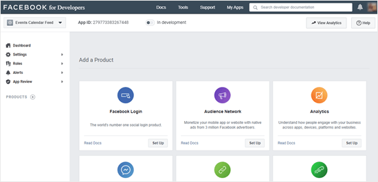 Your dashboard on the Facebook for Developers site