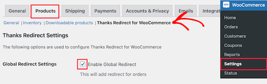 Go to thanks redirect options