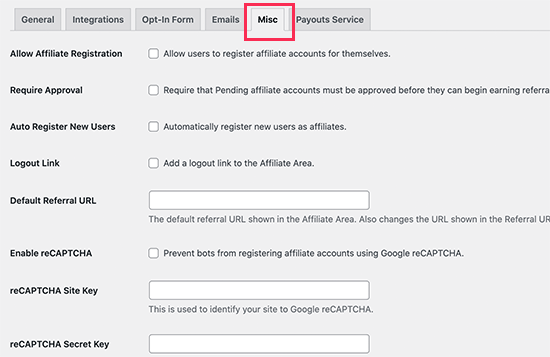 Misc settings