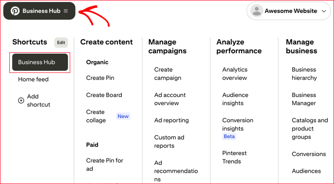 Choose Business Hub From the Pinterest Menu