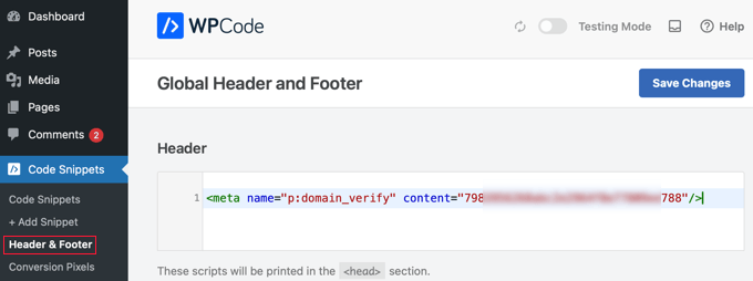 Add Pinterest HTML Tag in WPCode