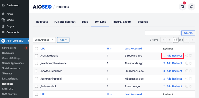 Clique na opção de menu 404 logs