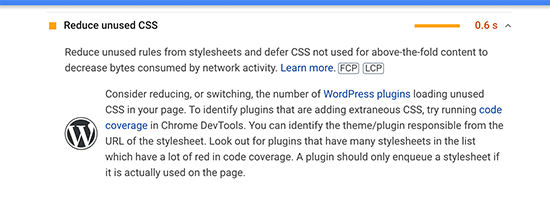 Problema di codice CSS inutilizzato in Google Pagespeed Insights