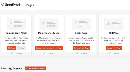 Select a landing page type