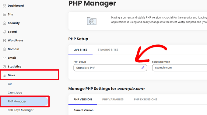 SiteGround PHP manager
