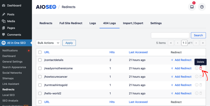 Delete 404 error log entry from AIOSEO