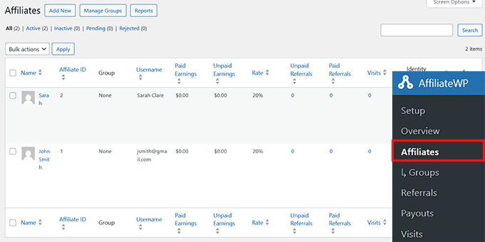 Affiliates in AffiliateWP anzeigen