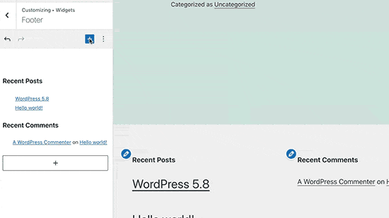 WordPress 5.8에서 위젯으로 블록 추가