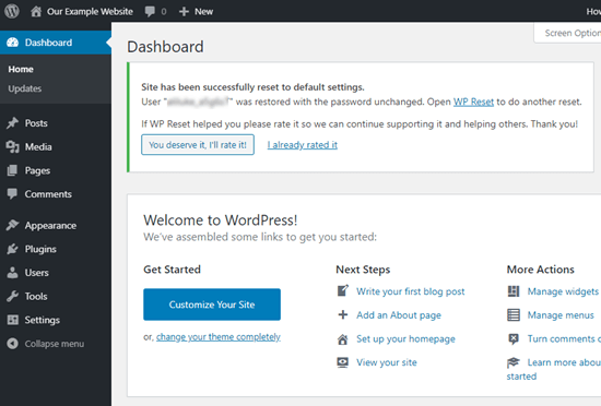 WPReset's message confirming that you've successfully reset your WordPress site
