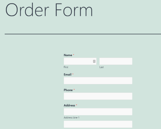 sua pré-visualização do formulário de pedido
