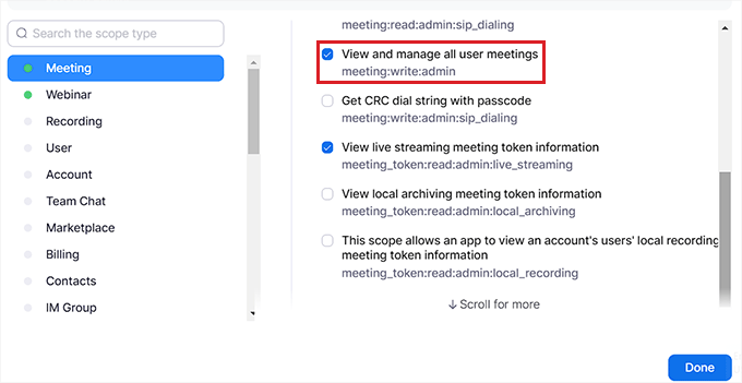 Add scopes for meetings and webinars