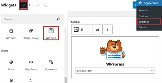 Add WPForms block to the sidebar