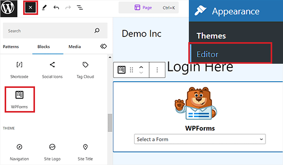 Add the WPForms block in the FSE