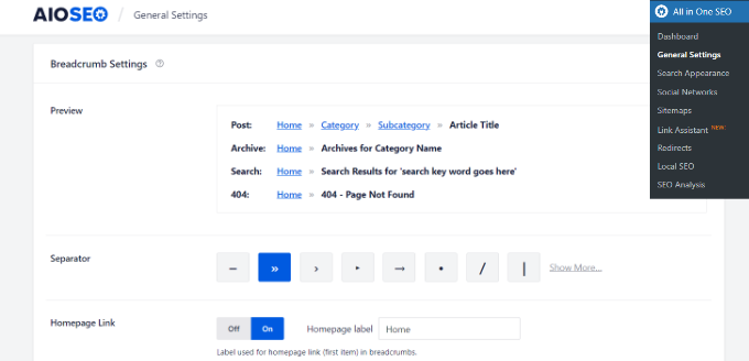 AIOSEO breadcrumbs settings