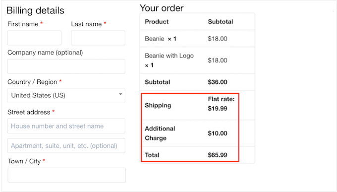 An example of a WooCommerce checkout, with additional fees