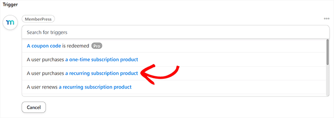 Choose a MemberPress trigger