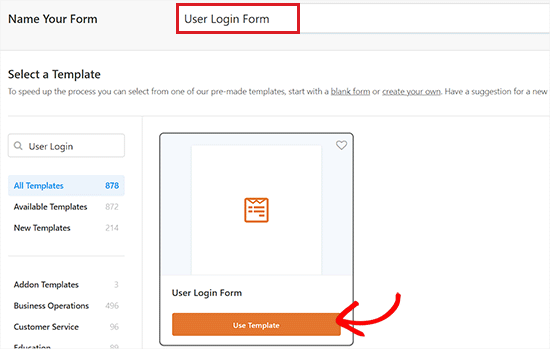 Choose the user login form template