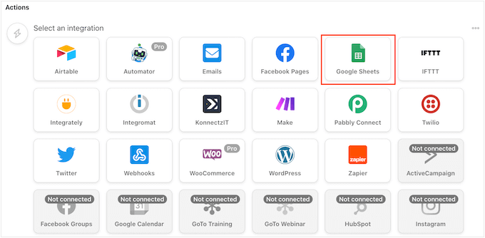 Choosing Google Sheets as your integration