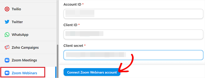 Click connect with webinar button