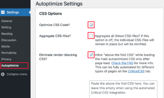 Scorri verso il basso fino a Opzioni CSS