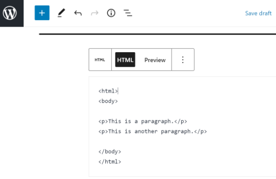 Codice HTML personalizzato nell'editor di WordPress