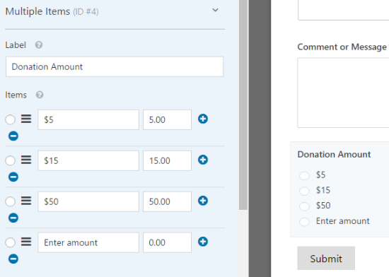 Customizing the multiple item donation amounts