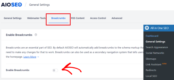 Enable breadcrumbs in AIOSEO