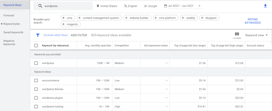 Google Ads Keyword Tool results