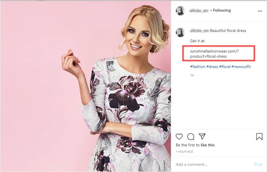 A photo on Instagram with a product URL in the caption