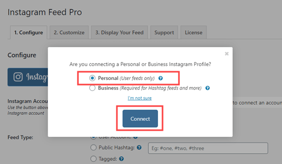 Connect your personal Instagram account to your WordPress site