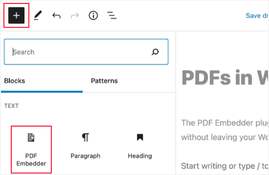 یک بلوک PDF Embedder اضافه کنید