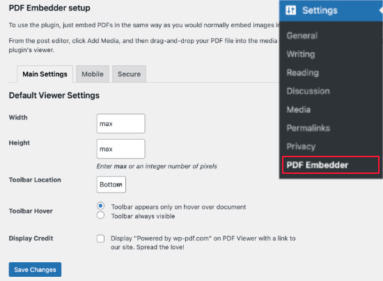 تنظیمات PDF Embedder