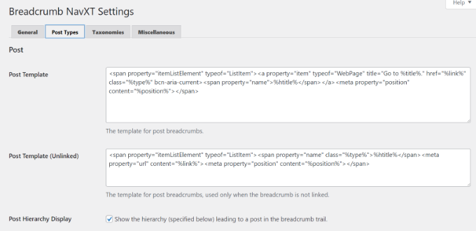 Post types breadcrumbs settings