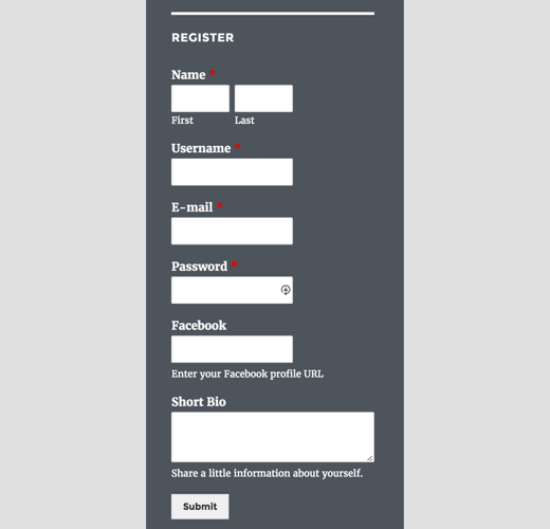 Registration form in sidebar
