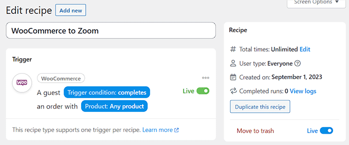 Save WooCommerce to Zoom recipe